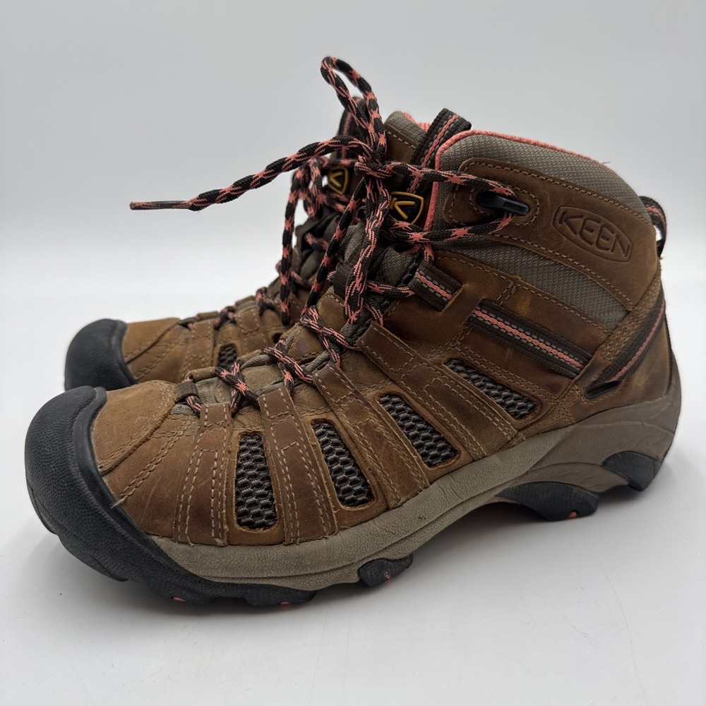 KEEN Voyageur Mid Leather Hiking Boots Women's Size 10 Brown Pink 1014214